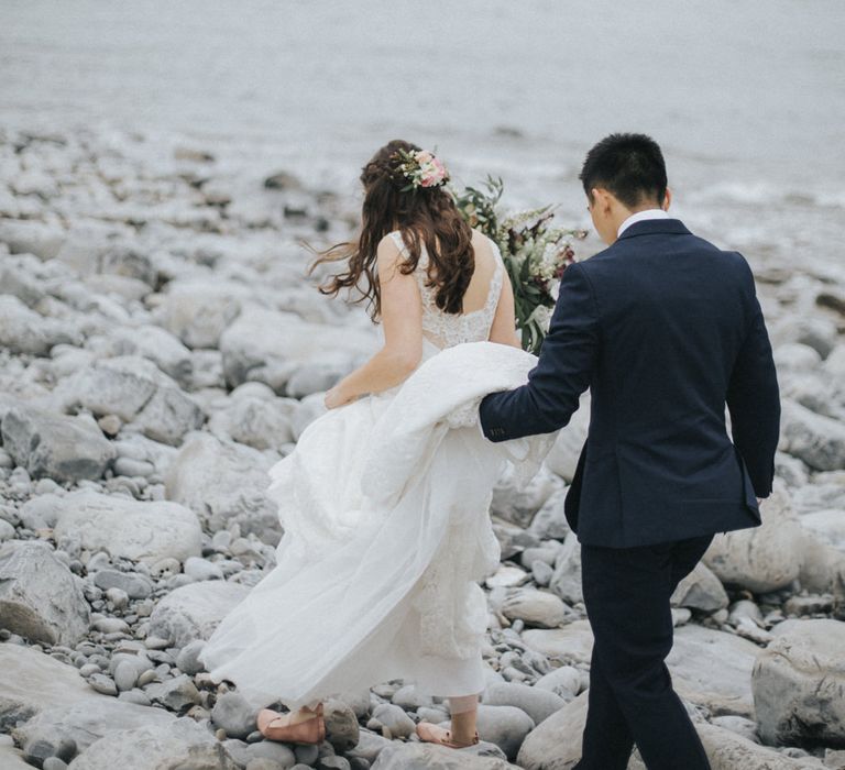 Coastal Portrait | Bride in Augusta Jones Sophia Gown | Groom in Slaters Suit | Country Wedding at Farmers Barns, Rosedew Farm, Cardiff | Grace Elizabeth Photography and Film