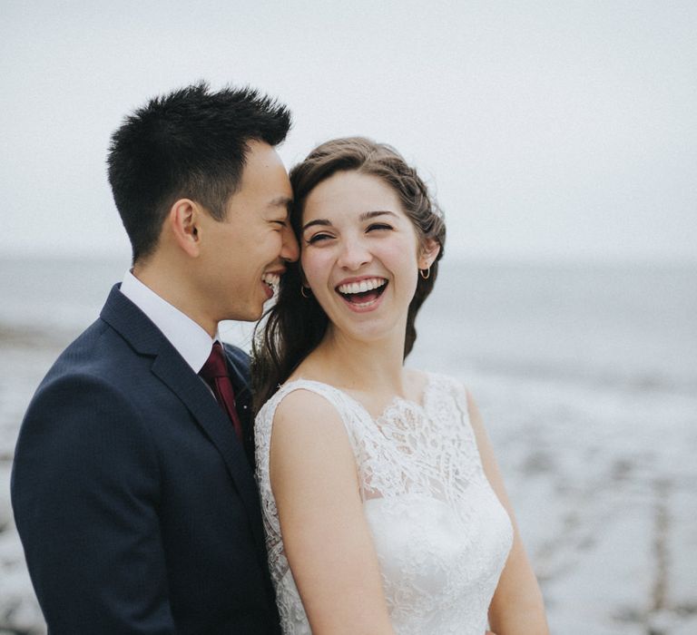 Coastal Portrait | Bride in Augusta Jones Sophia Gown | Groom in Slaters Suit | Country Wedding at Farmers Barns, Rosedew Farm, Cardiff | Grace Elizabeth Photography and Film