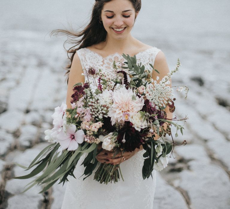 Bride in Augusta Jones Sophia Gown | Blush Pink & Burgundy Bouquet | Country Wedding at Farmers Barns, Rosedew Farm, Cardiff | Grace Elizabeth Photography and Film