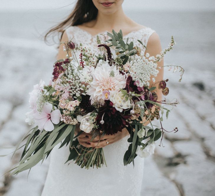 Blush Pink & Burgundy Bridal Bouquet | Bride in Augusta Jones Sophia Gown | Groom in Slaters Suit | Country Wedding at Farmers Barns, Rosedew Farm, Cardiff | Grace Elizabeth Photography and Film