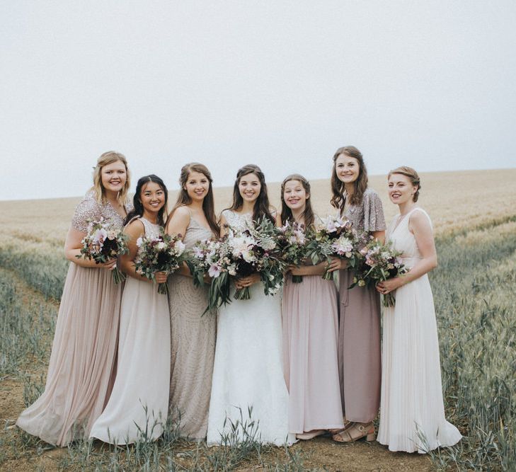 Bridesmaids in Different Blush Pink Dresses | Bride in Augusta Jones Sophia Gown | Country Wedding at Farmers Barns, Rosedew Farm, Cardiff | Grace Elizabeth Photography and Film