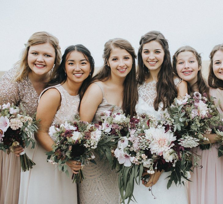 Bridesmaids in Different Blush Pink Dresses | Bride in Augusta Jones Sophia Gown | Country Wedding at Farmers Barns, Rosedew Farm, Cardiff | Grace Elizabeth Photography and Film