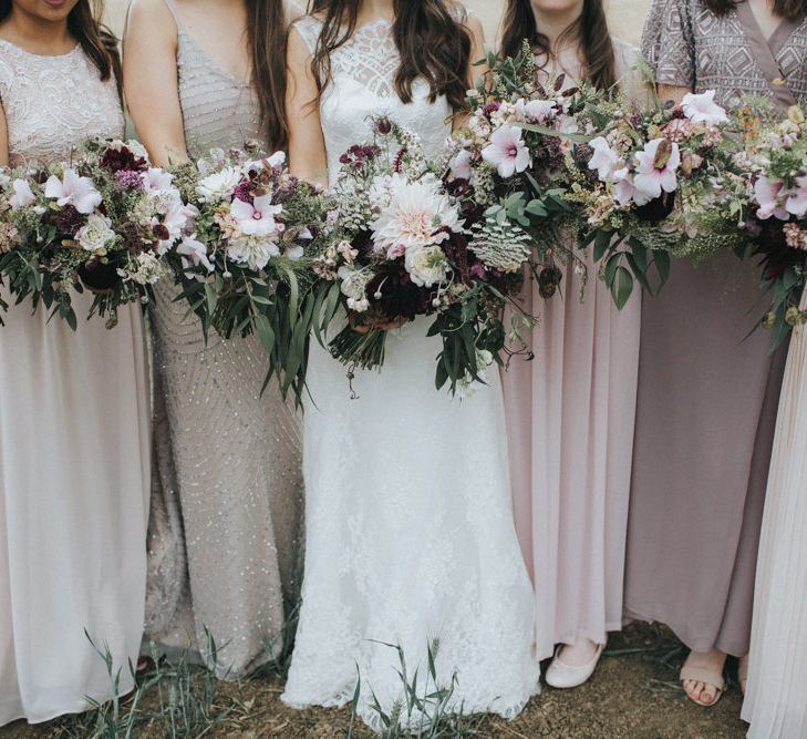 Blush Pink & Burgundy Bouquets | Bridesmaids in Different Blush Pink Dresses | Bride in Augusta Jones Sophia Gown | Country Wedding at Farmers Barns, Rosedew Farm, Cardiff | Grace Elizabeth Photography and Film