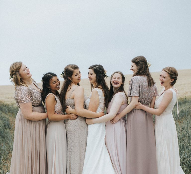 Bridesmaids in Different Blush Pink Dresses | Bride in Augusta Jones Sophia Gown | Country Wedding at Farmers Barns, Rosedew Farm, Cardiff | Grace Elizabeth Photography and Film