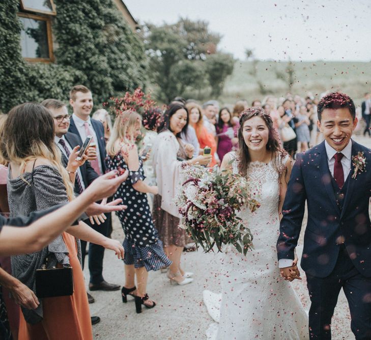 Confetti Exit | Bride in Augusta Jones Sophia Gown | Groom in Slaters Suit | Country Wedding at Farmers Barns, Rosedew Farm, Cardiff | Grace Elizabeth Photography and Film