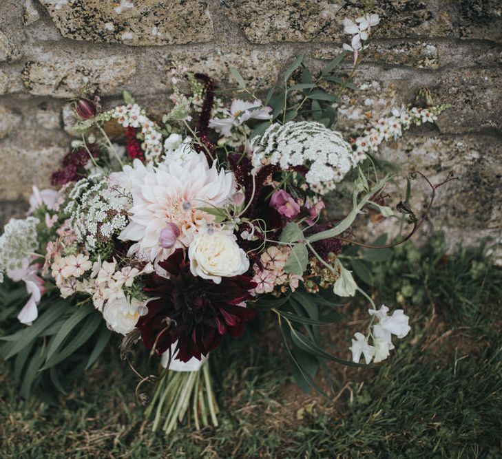 Blush & Burgundy Bridal Bouquet | Country Wedding at Farmers Barns, Rosedew Farm, Cardiff | Grace Elizabeth Photography and Film