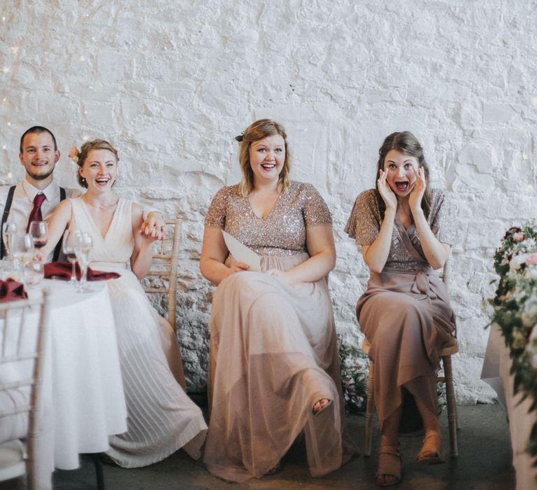 Bridesmaids in Nude Dresses | Country Wedding at Farmers Barns, Rosedew Farm, Cardiff | Grace Elizabeth Photography and Film