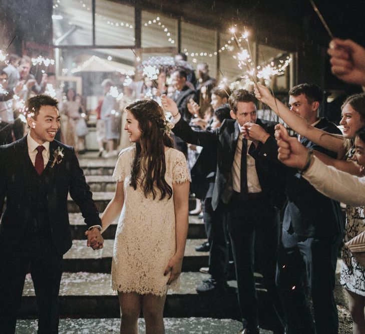 Sparkler Exit | Bride in Short Lace Dress | Groom in Slaters Suit | Country Wedding at Farmers Barns, Rosedew Farm, Cardiff | Grace Elizabeth Photography and Film