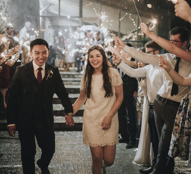 Sparkler Exit | Bride in Short Lace Dress | Groom in Slaters Suit | Country Wedding at Farmers Barns, Rosedew Farm, Cardiff | Grace Elizabeth Photography and Film