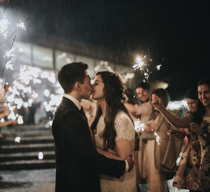 Sparkler Exit | Bride in Short Lace Dress | Groom in Slaters Suit | Country Wedding at Farmers Barns, Rosedew Farm, Cardiff | Grace Elizabeth Photography and Film