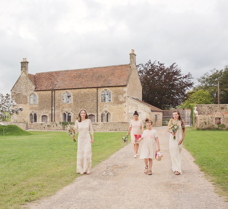 Mis-Match Bridesmaid Dresses | Bride in Bespoke Grey Lace Hermione De Paula Gown | Cotton Candy Photography