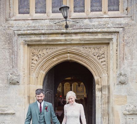 Bride in Bespoke Grey Lace Hermione De Paula Gown | Groom in Mark Powell Suit | Cotton Candy Photography