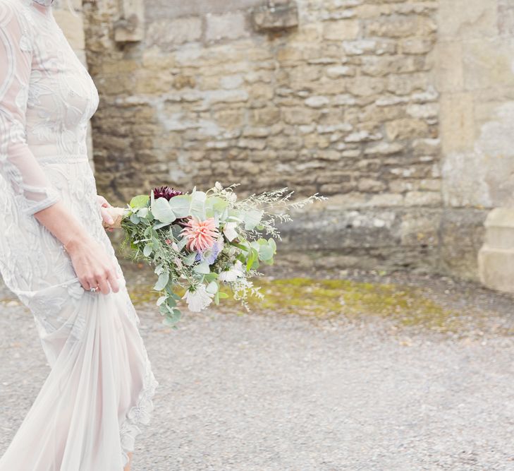 Bride in Bespoke Grey Lace Hermione De Paula Gown | Cotton Candy Photography