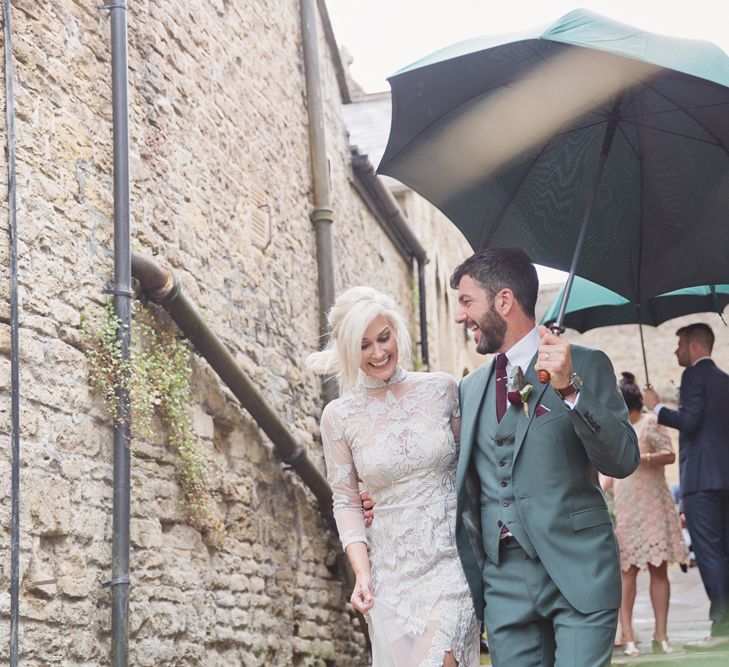 Bride in Bespoke Grey Lace Hermione De Paula Gown | Groom in Mark Powell Suit | Cotton Candy Photography