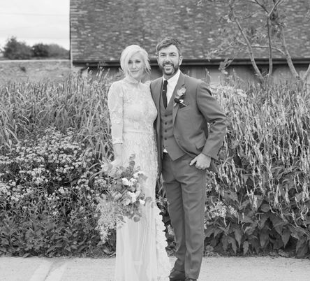 Bride in Bespoke Grey Lace Hermione De Paula Gown | Groom in Mark Powell Suit | Cotton Candy Photography