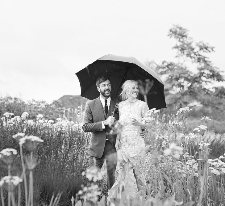 Bride in Bespoke Grey Lace Hermione De Paula Gown | Groom in Mark Powell Suit | Cotton Candy Photography