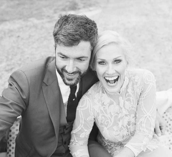 Bride in Bespoke Grey Lace Hermione De Paula Gown | Groom in Mark Powell Suit | Cotton Candy Photography