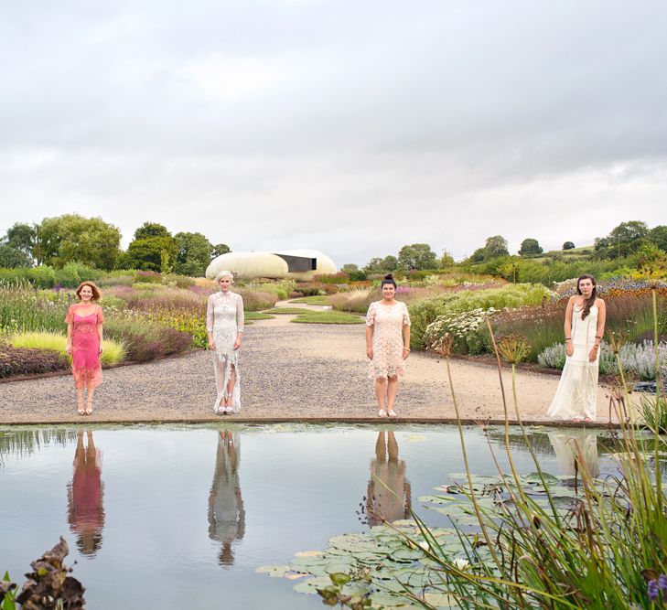 Bride in Bespoke Grey Lace Hermione De Paula Gown | Mis-Match Bridesmaid Dresses | Cotton Candy Photography