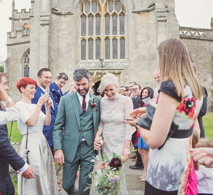 Bride in Bespoke Grey Lace Hermione De Paula Gown | Groom in Mark Powell Suit | Cotton Candy Photography