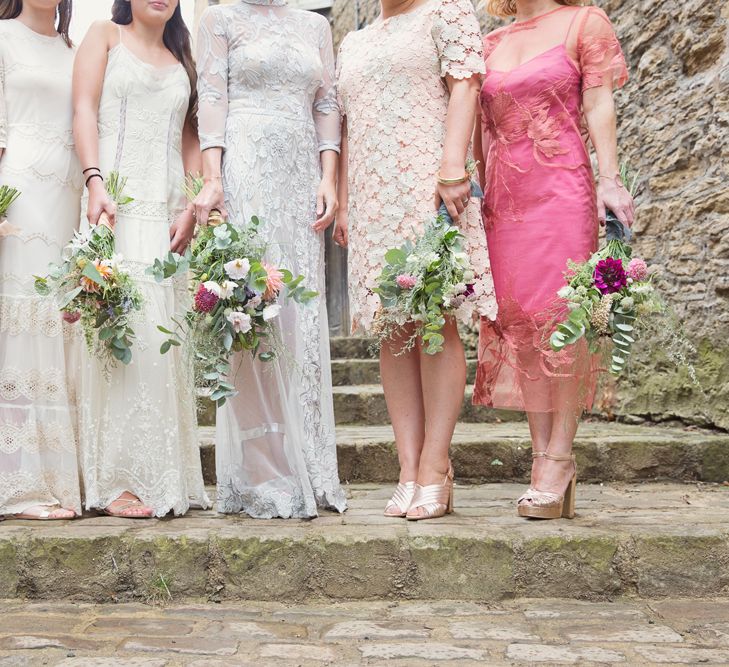 Wild Flower Bouquets | Mis-Match Bridesmaid Dresses | Bride in Bespoke Grey Lace Hermione De Paula Gown | Cotton Candy Photography