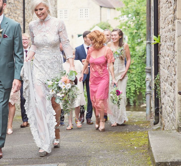 Bride in Bespoke Grey Lace Hermione De Paula Gown | Groom in Mark Powell Suit | Cotton Candy Photography