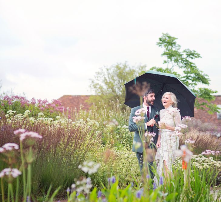 Bride in Bespoke Grey Lace Hermione De Paula Gown | Groom in Mark Powell Suit | Cotton Candy Photography