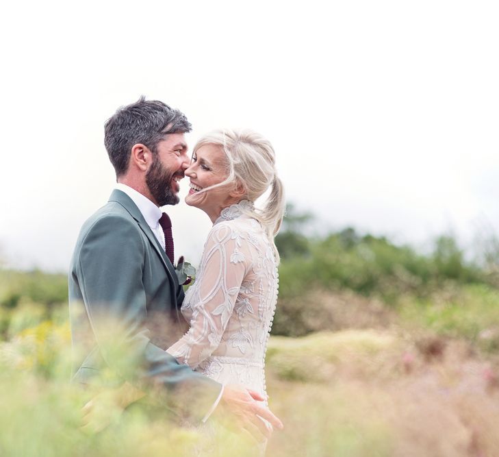 Bride in Bespoke Grey Lace Hermione De Paula Gown | Groom in Mark Powell Suit | Cotton Candy Photography