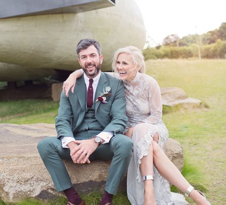 Bride in Bespoke Grey Lace Hermione De Paula Gown | Groom in Mark Powell Suit | Cotton Candy Photography