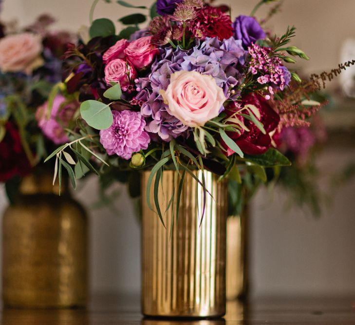 Pink & Purple Wedding Flowers in Gold Vases | Jewel Coloured Spanish Wedding Planned & Styled by Rachel Rose Weddings | Anna Gazda Photography