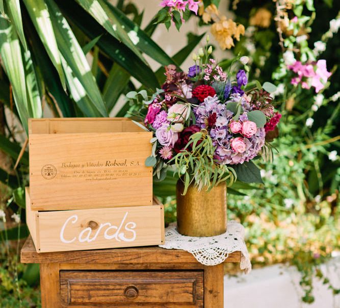 Wooden Card Box on Antique Table | Jewel Coloured Spanish Wedding Planned & Styled by Rachel Rose Weddings | Anna Gazda Photography