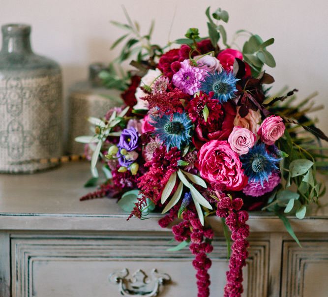 Deep Pink, Purple & Blue Hues Bridal Bouquet | Jewel Coloured Spanish Wedding Planned & Styled by Rachel Rose Weddings | Anna Gazda Photography