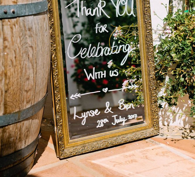 Mirror Wedding Sign | Jewel Coloured Spanish Wedding Planned & Styled by Rachel Rose Weddings | Anna Gazda Photography