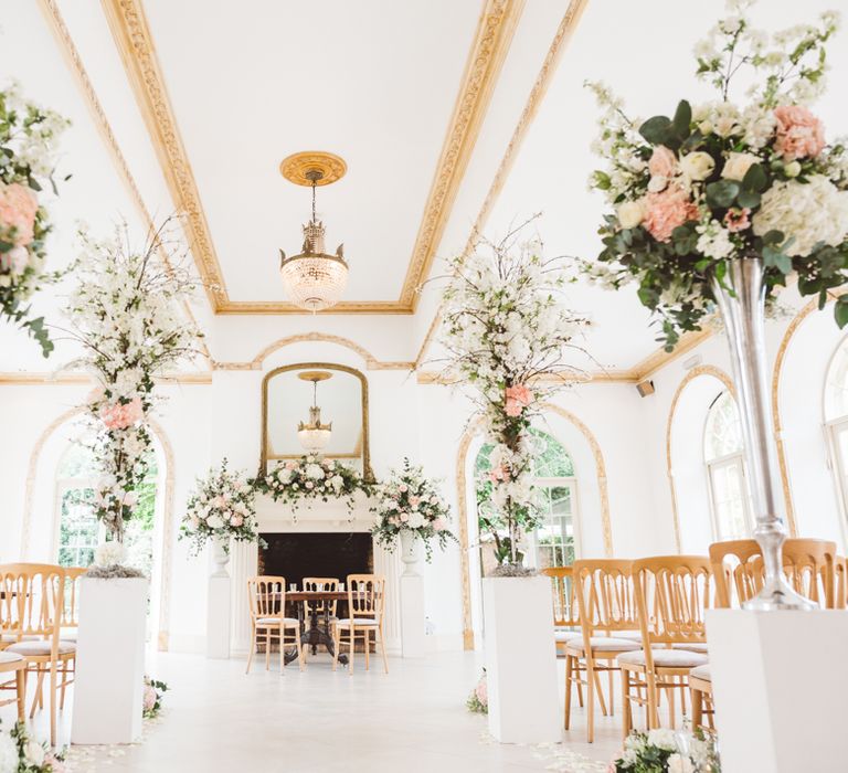 Elegant Pastel Wedding Northbrook Park Rose & Peony Floral Arrangements & Bride In Illusion Lace Dress By Pronovias & Images From Hollie Carlin Photography