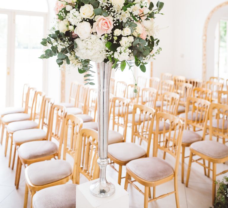 Elegant Pastel Wedding Northbrook Park Rose & Peony Floral Arrangements & Bride In Illusion Lace Dress By Pronovias & Images From Hollie Carlin Photography