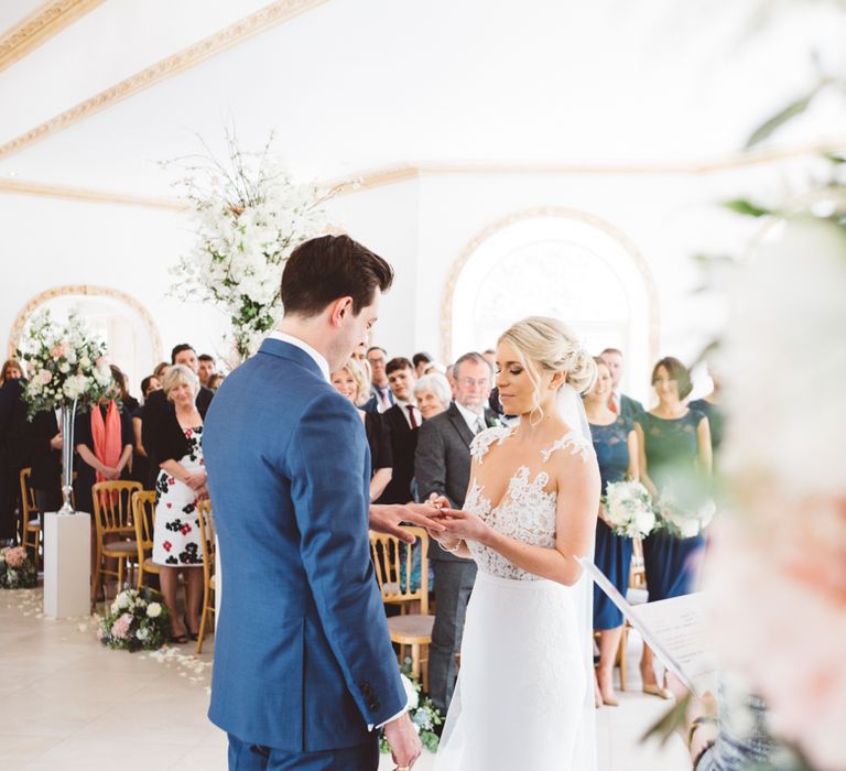 Elegant Pastel Wedding Northbrook Park Rose & Peony Floral Arrangements & Bride In Illusion Lace Dress By Pronovias & Images From Hollie Carlin Photography