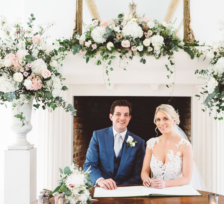 Elegant Pastel Wedding Northbrook Park Rose & Peony Floral Arrangements & Bride In Illusion Lace Dress By Pronovias & Images From Hollie Carlin Photography