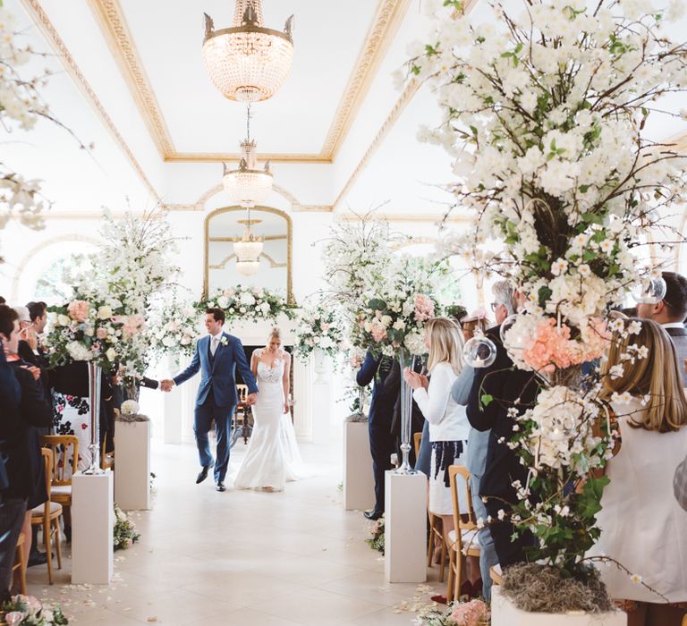 Elegant Pastel Wedding Northbrook Park Rose & Peony Floral Arrangements & Bride In Illusion Lace Dress By Pronovias & Images From Hollie Carlin Photography