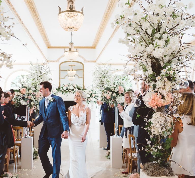 Elegant Pastel Wedding Northbrook Park Rose & Peony Floral Arrangements & Bride In Illusion Lace Dress By Pronovias & Images From Hollie Carlin Photography