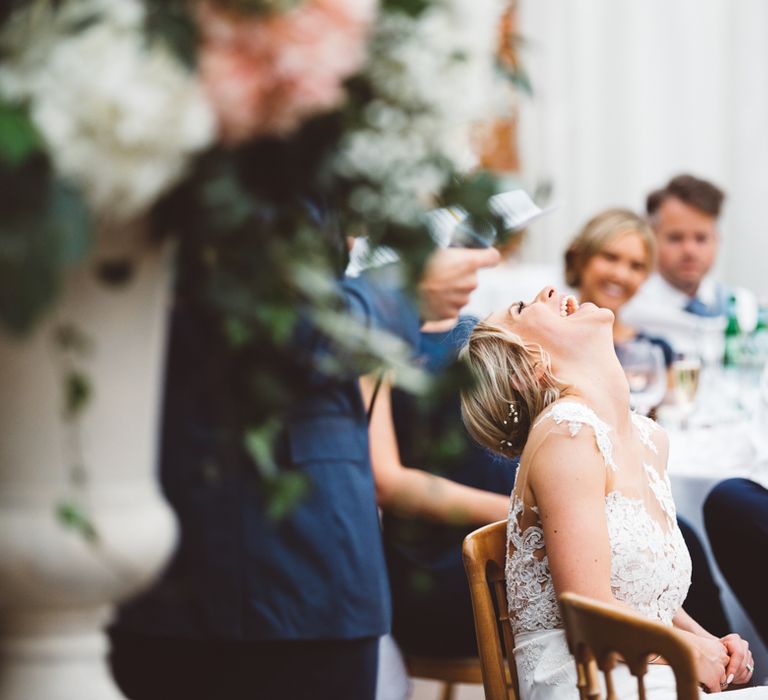 Elegant Pastel Wedding Northbrook Park Rose & Peony Floral Arrangements & Bride In Illusion Lace Dress By Pronovias & Images From Hollie Carlin Photography