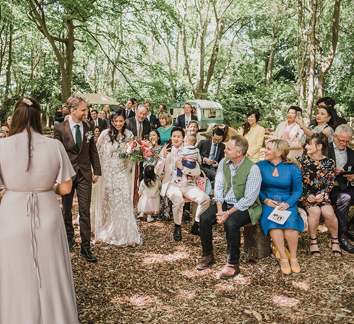 Woodland Wedding With Bride In Hermione De Paula & Reformation Silk Evening Dress With Groom In Tweed Hugo Boss & Images By Jason Mark Harris