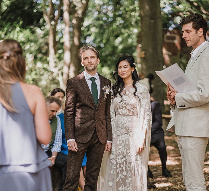 Woodland Wedding With Bride In Hermione De Paula & Reformation Silk Evening Dress With Groom In Tweed Hugo Boss & Images By Jason Mark Harris