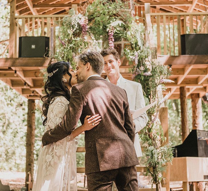 Woodland Wedding With Bride In Hermione De Paula & Reformation Silk Evening Dress With Groom In Tweed Hugo Boss & Images By Jason Mark Harris