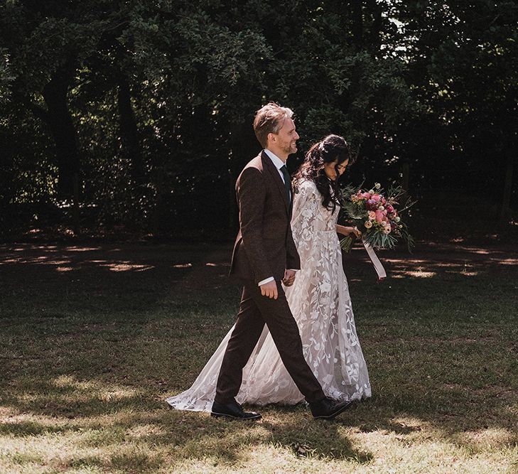 Woodland Wedding With Bride In Hermione De Paula & Reformation Silk Evening Dress With Groom In Tweed Hugo Boss & Images By Jason Mark Harris