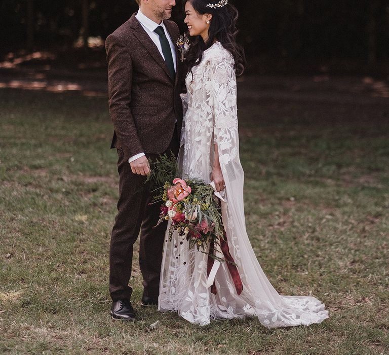 Woodland Wedding With Bride In Hermione De Paula & Reformation Silk Evening Dress With Groom In Tweed Hugo Boss & Images By Jason Mark Harris