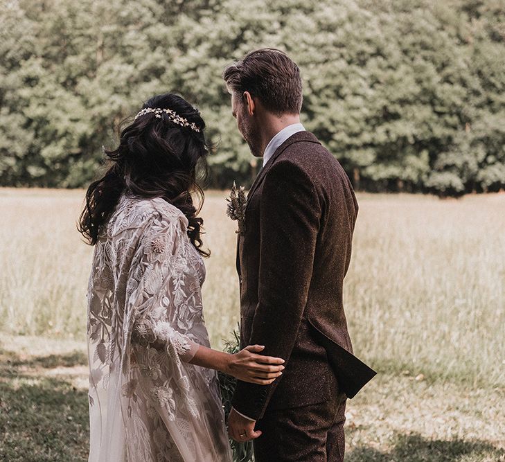 Woodland Wedding With Bride In Hermione De Paula & Reformation Silk Evening Dress With Groom In Tweed Hugo Boss & Images By Jason Mark Harris