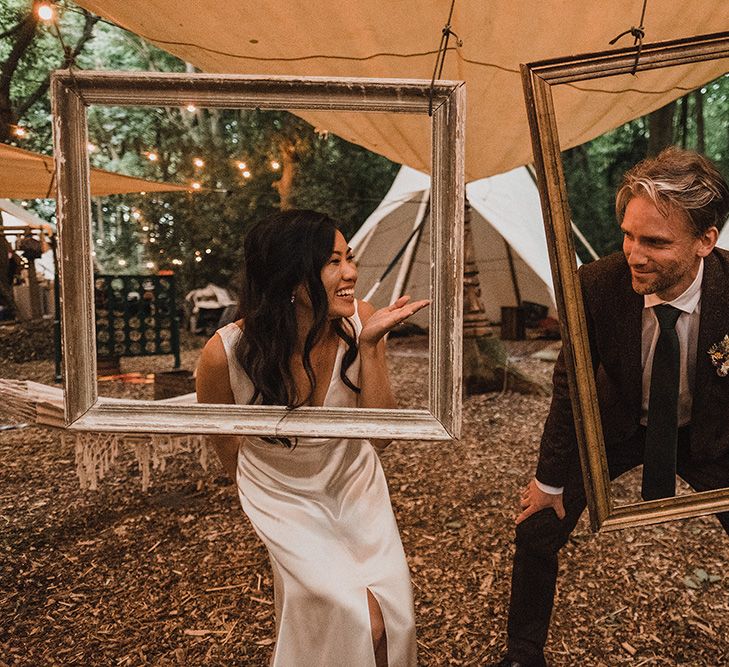 Woodland Wedding With Bride In Hermione De Paula & Reformation Silk Evening Dress With Groom In Tweed Hugo Boss & Images By Jason Mark Harris