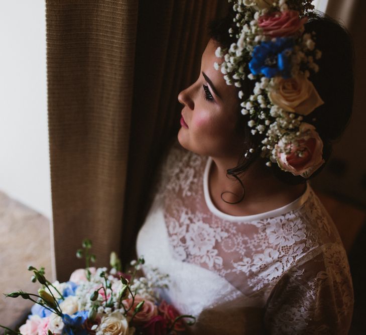 Bride in Bespoke Something Blue Tea Length Wedding Dress | Pastel Flower Crown & Bouquet | Ally M Photography