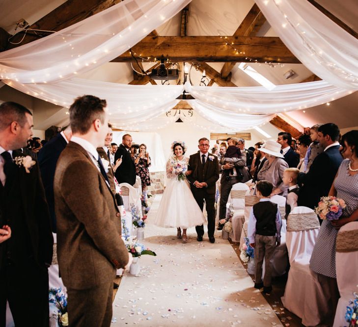 Bridal Entrance | Wedding Ceremony | Bride in Bespoke Something Blue Tea Length Wedding Dress | Pastel Flower Crown & Bouquet | Ally M Photography