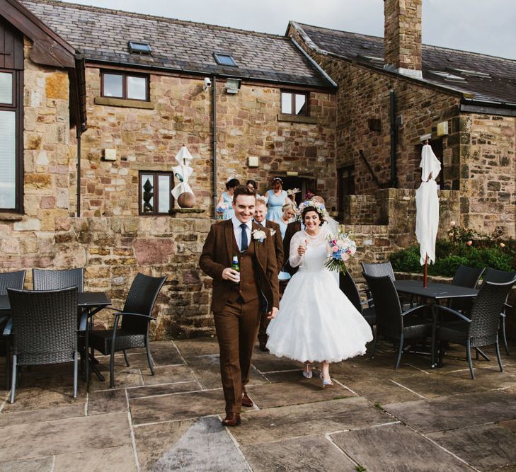 Married | Bride in Bespoke Something Blue Tea Length Wedding Dress | Pastel Flower Crown & Bouquet | Ally M Photography