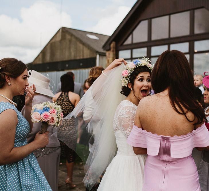 Wedding Guests | Wedding Ceremony | Bride in Bespoke Something Blue Tea Length Wedding Dress | Pastel Flower Crown & Bouquet | Ally M Photography